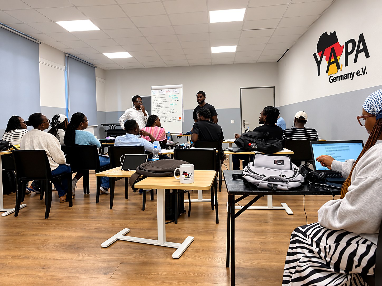 Deutschunterricht mit Tutor Hayford Anyidoho und einer Lerngruppe im YAPA-Unterrichtsraum