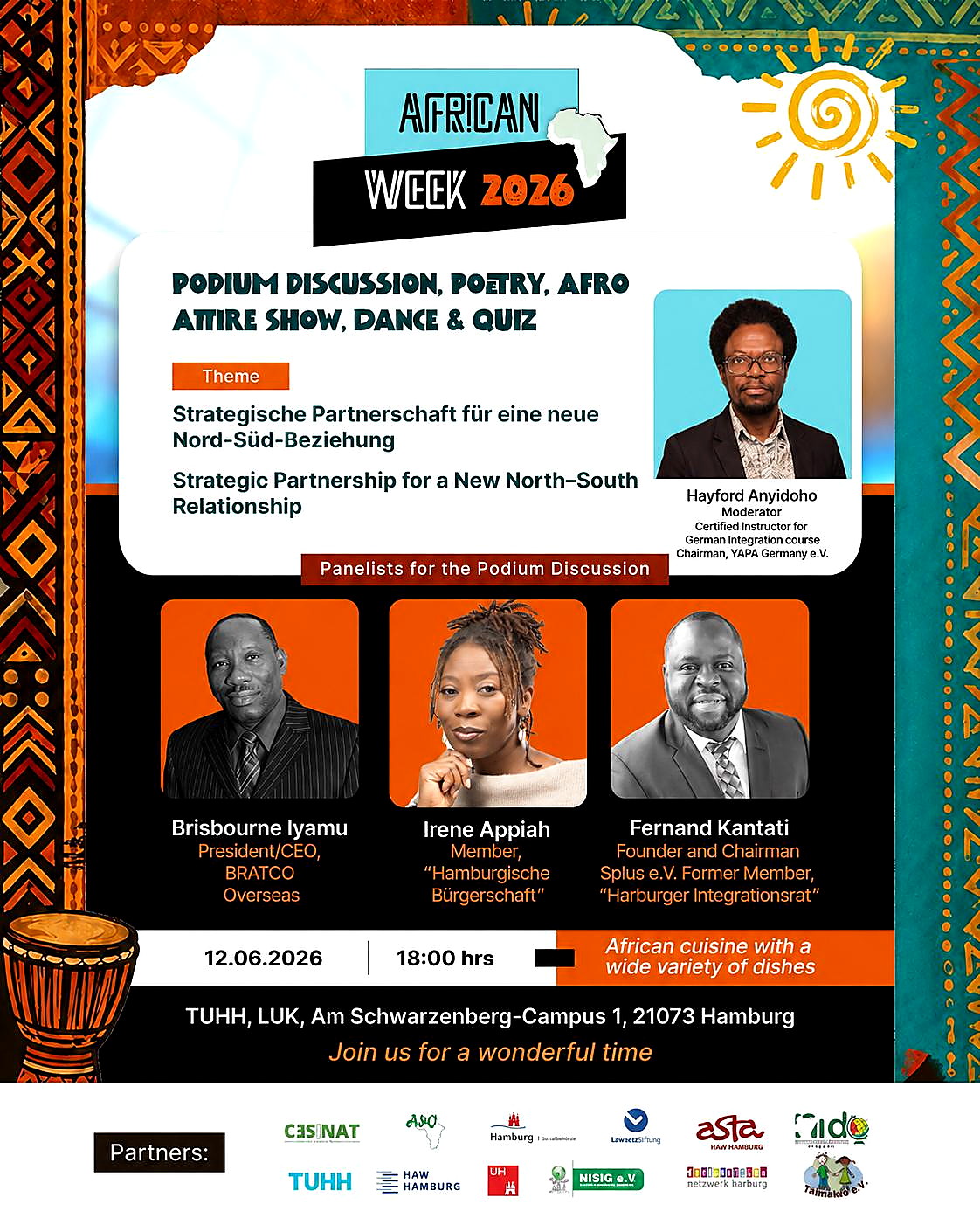 Veranstaltungsplakat der African Week 2026 mit Hayford Anyidoho als Moderator einer Podiumsdiskussion
