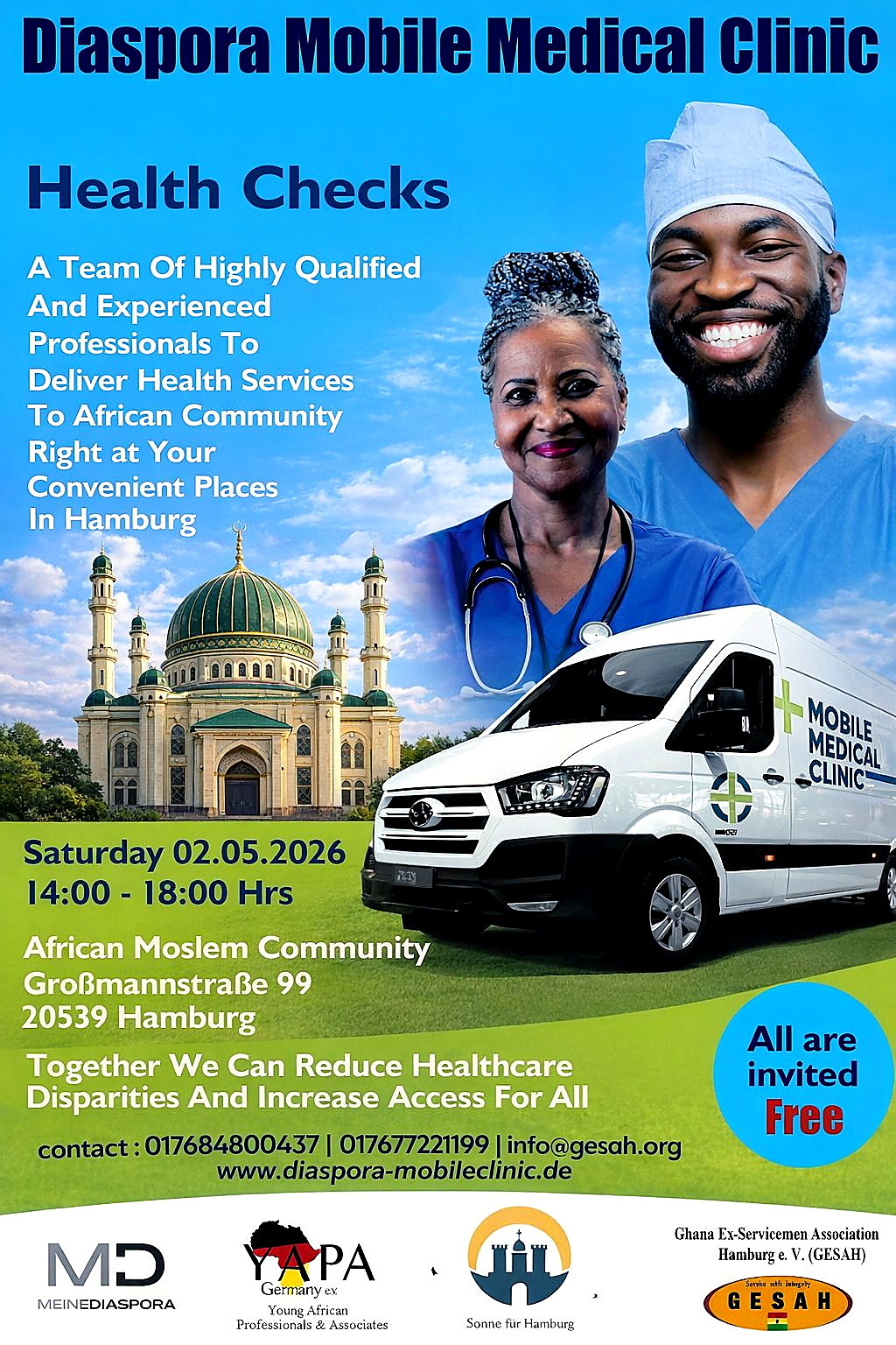 Veranstaltungsplakat der Diaspora Mobile Medical Clinic für kostenlose Gesundheitschecks in Hamburg