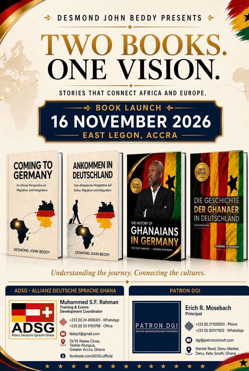 Plakat zur Buchvorstellung „Two Books. One Vision.“ von Desmond John Beddy in Accra
